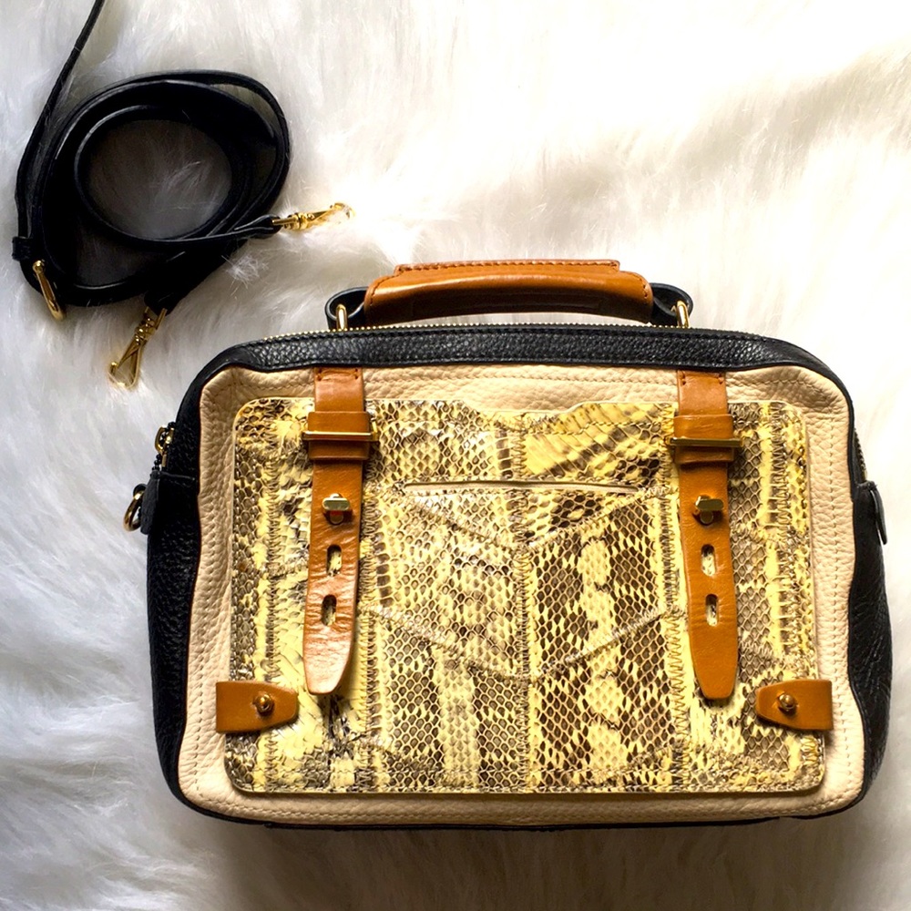 Etienne Aigner Stag box bag top handle handbag MSRP $495 snake print leather bag